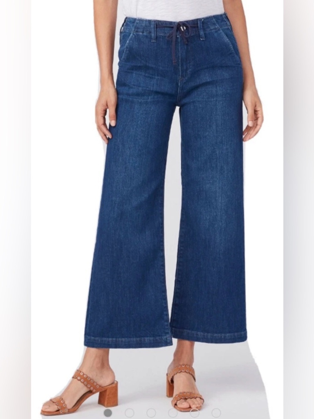 PAIGE Carly High Rise Wide Leg Drawstring Jeans 33 Dark Wash Ankle Crop Like New
